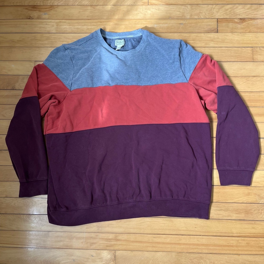LL Bean Mens XXXL Tall Colorblock Crewneck Sweatshirt Gray Red Burgundy 515163